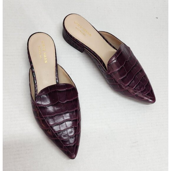 Cole Haan Piper Burgundy Croc-Embossed Leather Mules Block Heel Slip-On Womens - Picture 2 of 15